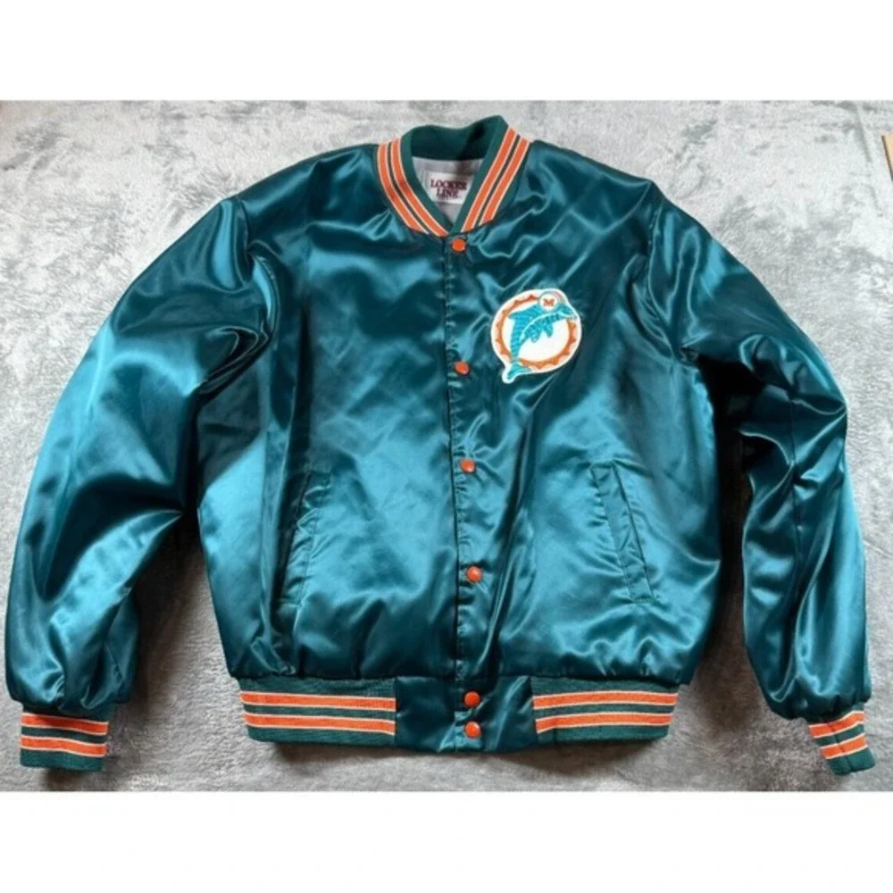 Vtg Rare Locker Line Miami Dolphins Satin Bomber Jacket L Late 80's USA Made